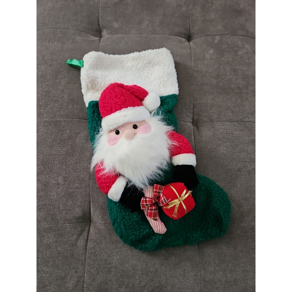 Vintage Christmas Stocking‎ Sherpa Fleece Green White Santa 3D Plush Present 21"